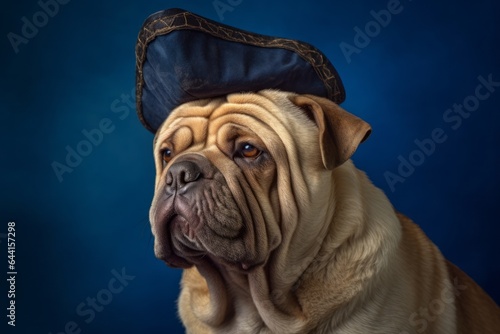 Photography in the style of pensive portraiture of a cute chinese shar pei dog wearing a pirate hat against a sapphire blue background. With generative AI technology © Markus Schröder