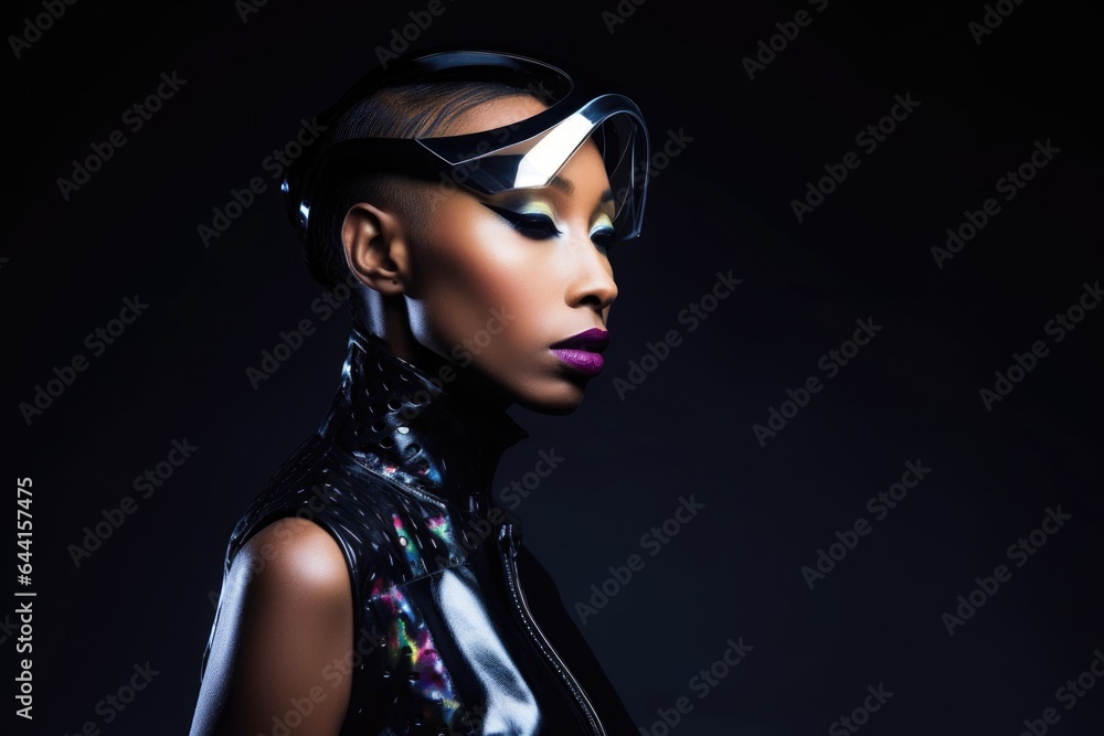 shot of a beautiful young woman wearing futuristic attire shot of a beautiful young woman wearing futuristic attire
