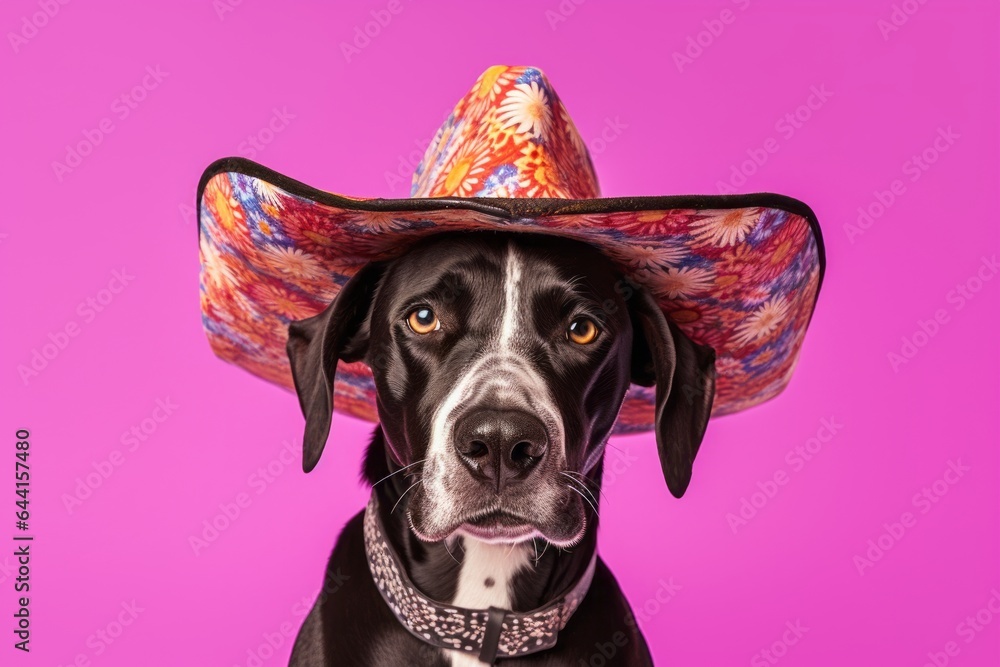 Photography in the style of pensive portraiture of a happy great dane wearing a sombrero against a lilac purple background. With generative AI technology - obrazy, fototapety, plakaty 