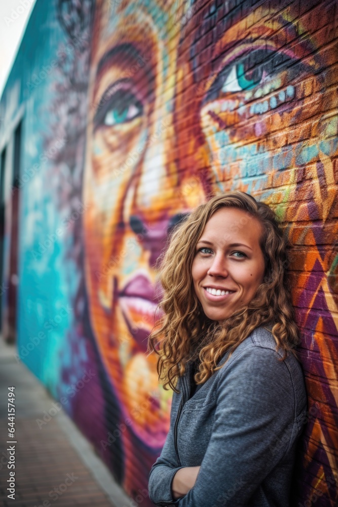 a portrait of a smiling woman standing in front of some awesome urban art a portrait of a smiling woman standing in front of some awesome urban art
