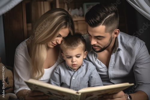 shot of two parents reading to their little boy