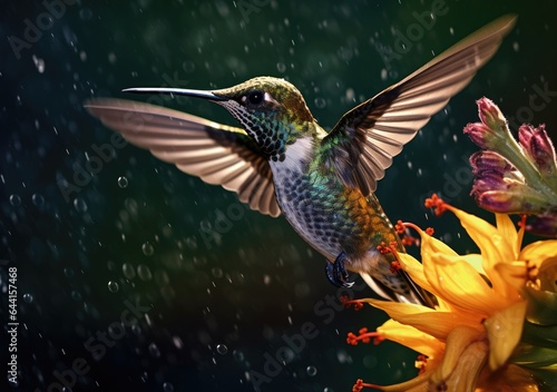 "Graceful Hummingbird Amidst the Raindrops". Digital Poster. AI generated. © Metodi