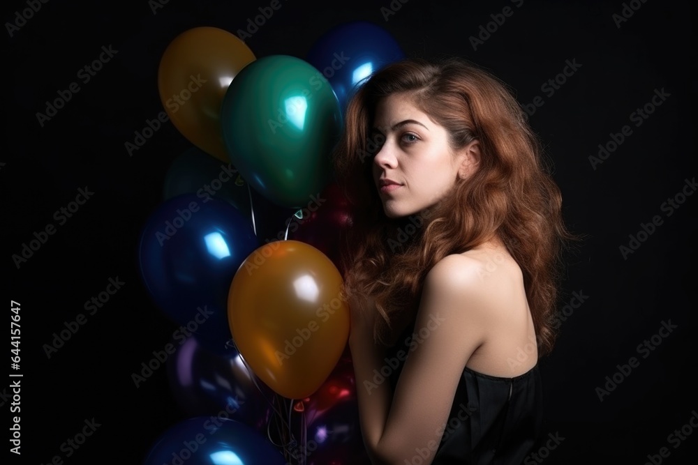 custom made wallpaper toronto digitalshot of a beautiful young woman posing with an armful of colorful balloons against a dark background