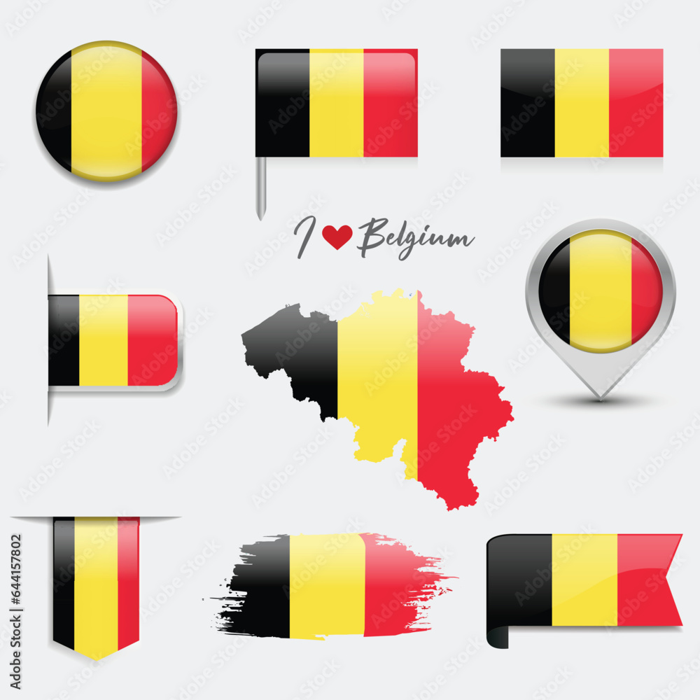 Fototapeta premium Belgium flag - flat collection. Flags of different shaped flat icons. Vector illustration