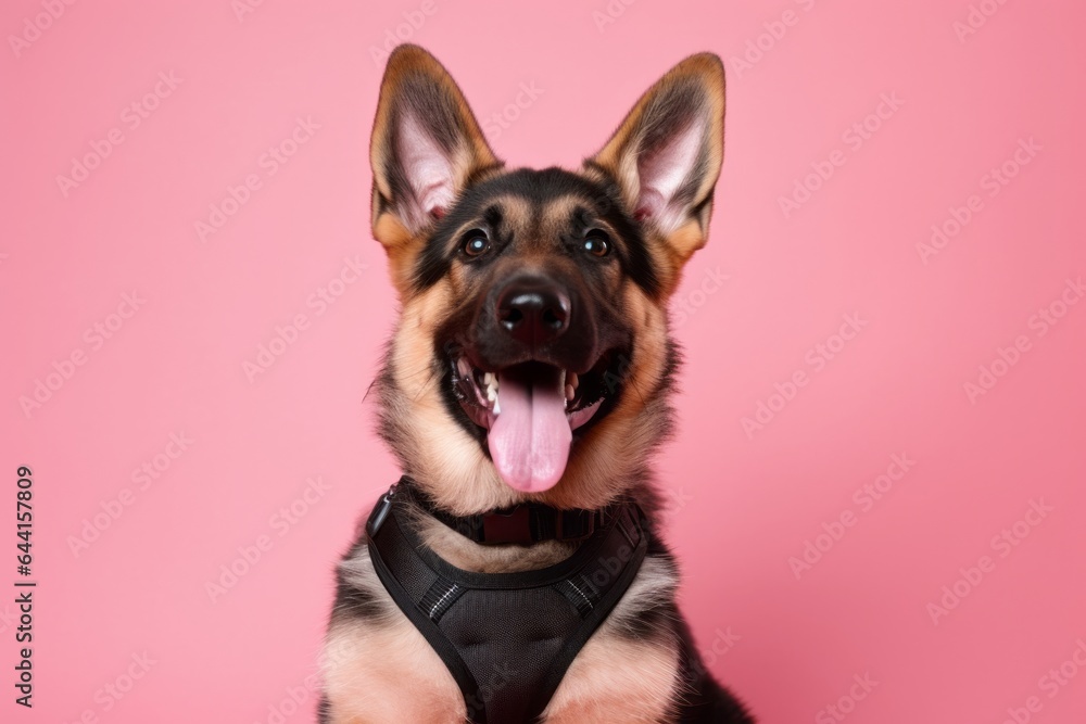 Medium shot portrait photography of a cute german shepherd wearing a harness against a coral pink background. With generative AI technology - obrazy, fototapety, plakaty 