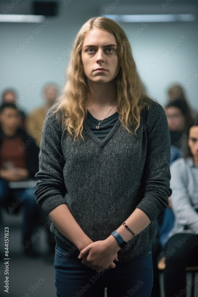 shot of a young transgendered person standing alone during a seminar shot of a young transgendered person standing alone during a seminar