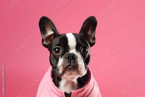 Medium shot portrait photography of a funny boston terrier wearing a paw protector against a coral pink background. With generative AI technology © Markus Schröder