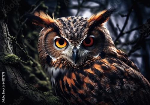 "Majestic Owl's Enigmatic Stare". Digital Poster. AI generated.