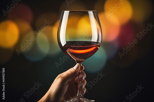 A man's hand with a glass of red wine.