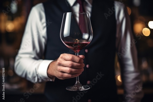 A man's hand with a glass of red wine.
