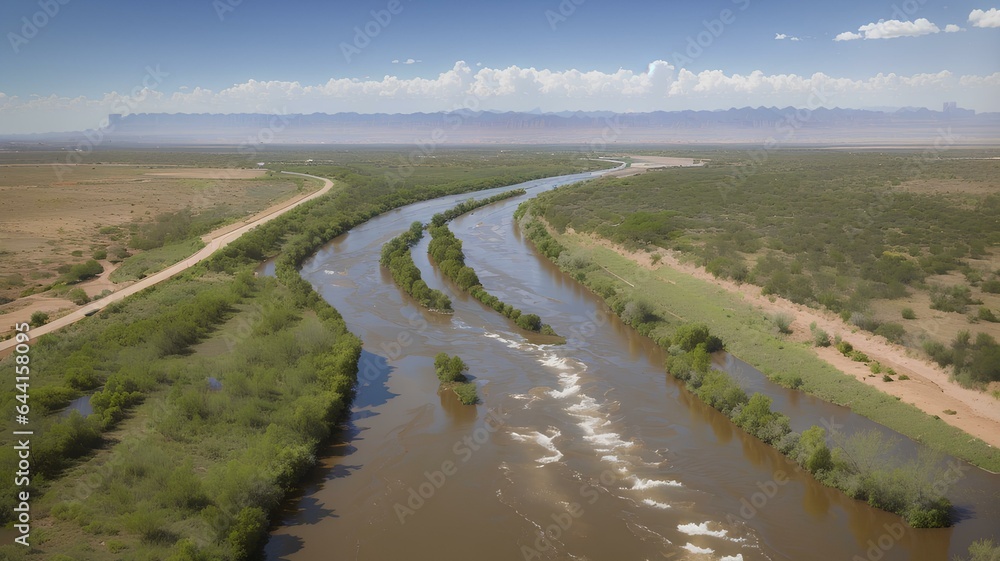 The Rio Grande Valley with the Rio Grande River flowing in the middle between the United States and Mexican Border The Rio Grande Valley with the Rio Grande River flowing in the middle between the United States and Mexican Border