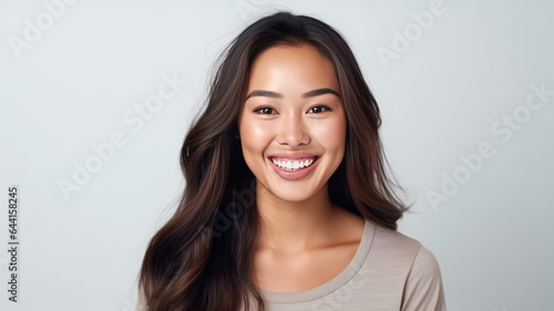 A beautiful young asian young woman smiling with clean teeth isolated.