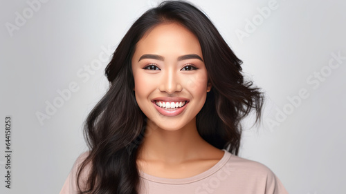 A beautiful young asian young woman smiling with clean teeth isolated.