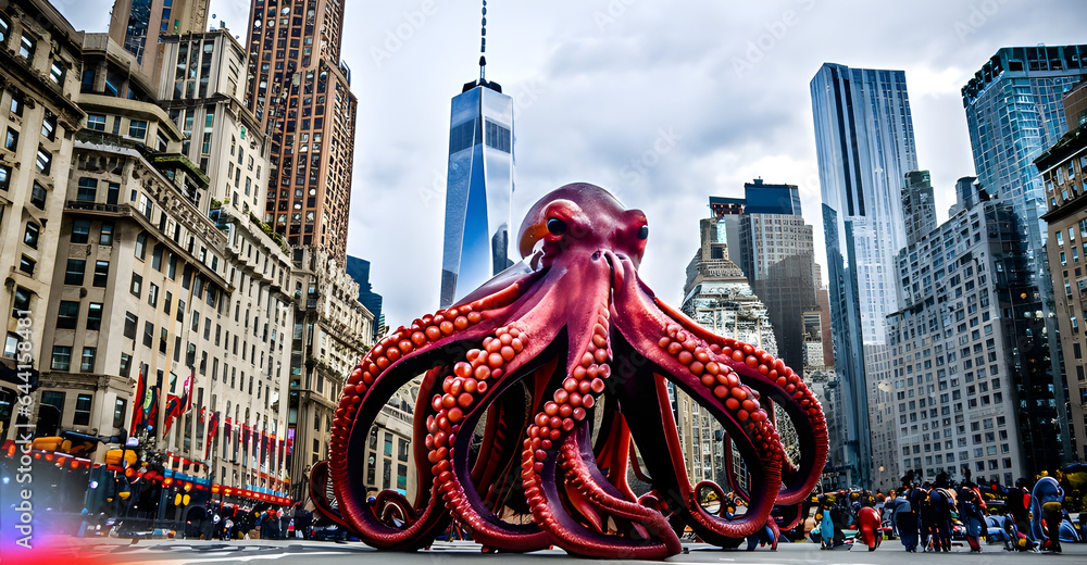 giant octopus invades new york city - obrazy, fototapety, plakaty 