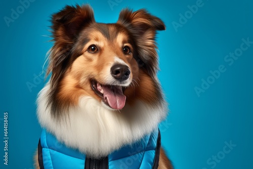 Headshot portrait photography of a smiling shetland sheepdog wearing a cooling vest against a cerulean blue background. With generative AI technology © Markus Schröder