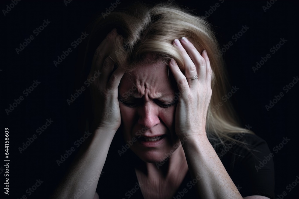 shot of a woman holding her forehead in frustration against a dark background shot of a woman holding her forehead in frustration against a dark background