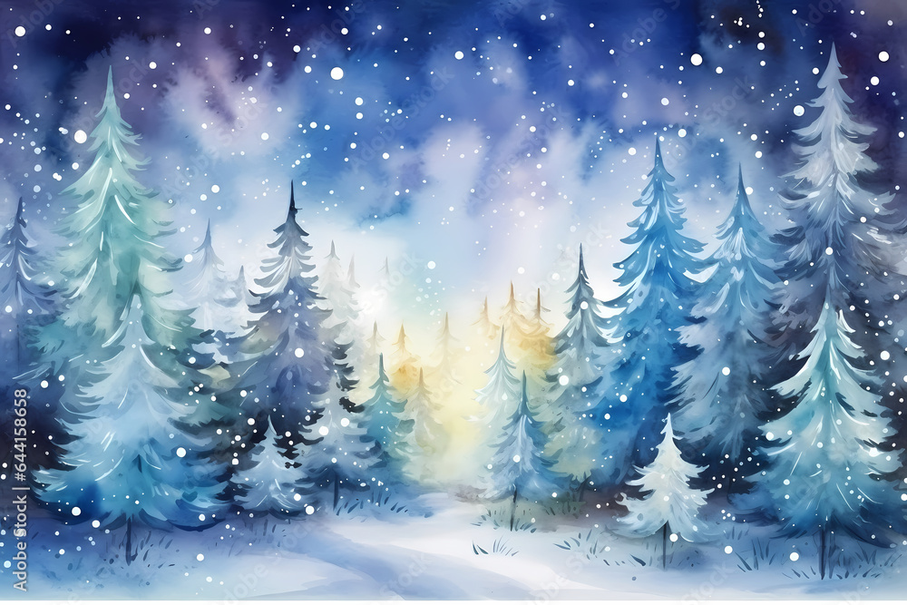 Magical glowing forest with Christmas trees under snow. Watercolor illustration.