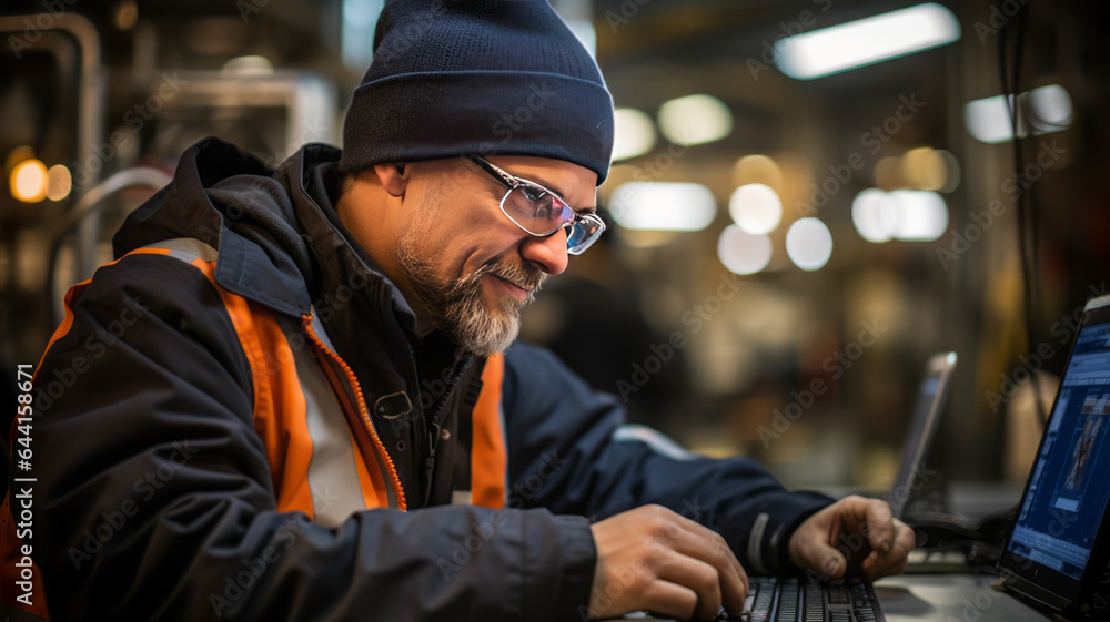 photograph of Candid shot of a factory worker at an oil refinery using a laptop computerมGenerative ai