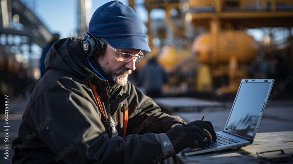 photograph of Candid shot of a factory worker at an oil refinery using a laptop computerมGenerative ai