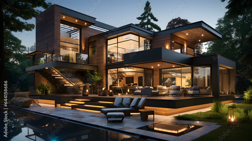 3d rendering of modern cozy house with pool and parking for sale or rent in luxurious style and beautiful landscaping on background. Clear summer night. 3d rendering of modern cozy house with pool and parking for sale or rent in luxurious style and beautiful landscaping on background. Clear summer night.