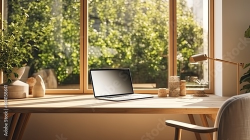close up working desk with blank screen laptop on wooden table study room interior design template home interior background,ai generate © VERTEX SPACE
