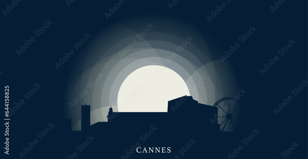 France Cannes city cityscape skyline capital panorama vector flat modern web banner, header. French Riviera town emblem idea with landmarks and building silhouettes at sunset sunrise night