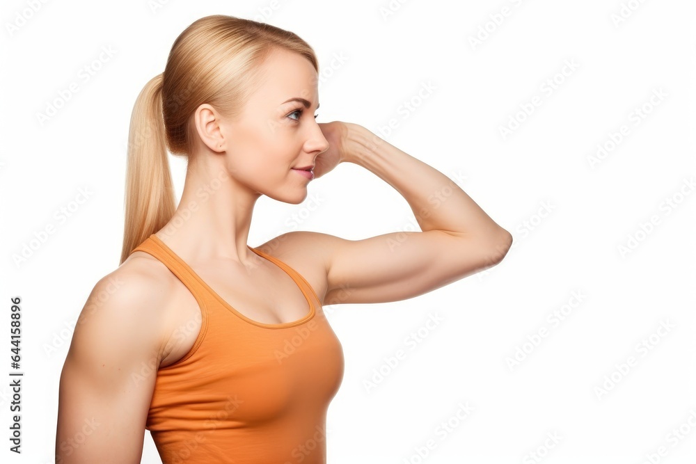 a gorgeous young woman flexing her bicep while isolated on a white background a gorgeous young woman flexing her bicep while isolated on a white background