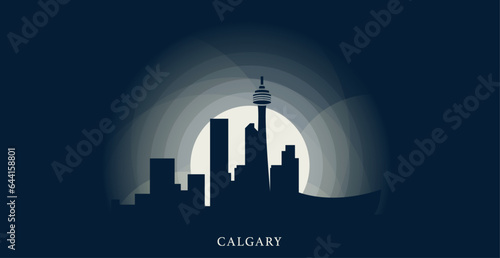 Canada Calgary cityscape skyline capital city panorama vector flat modern banner, header, booklet. Canadian Alberta province emblem idea with landmarks and building silhouettes at sunset sunrise night