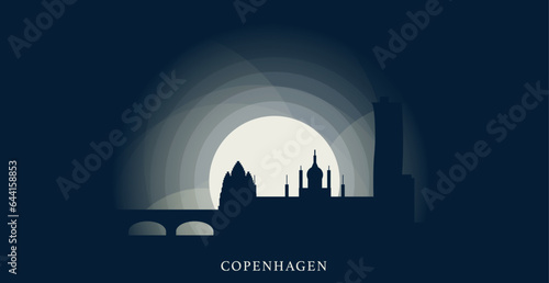 Denmark Copenhagen cityscape skyline capital city panorama vector flat modern web banner, header. Nordic Europe region emblem idea with landmarks and building silhouettes at sunset sunrise night