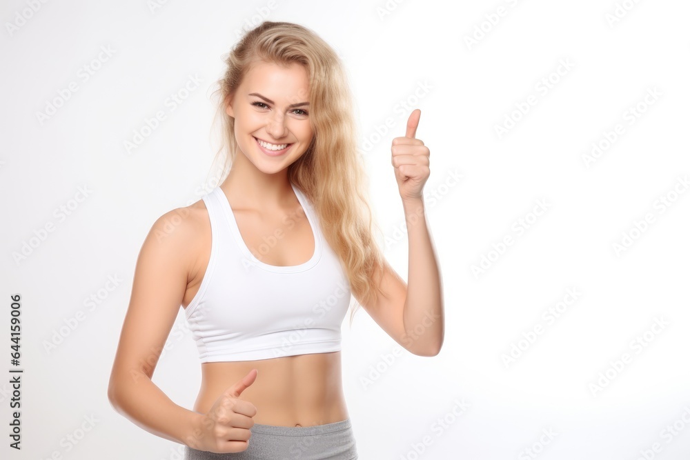 studio shot of a sporty young woman showing thumbs up against a white background studio shot of a sporty young woman showing thumbs up against a white background