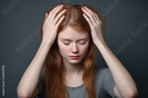 studio shot of a young woman holding her hands behind her head against a grey backgorund
