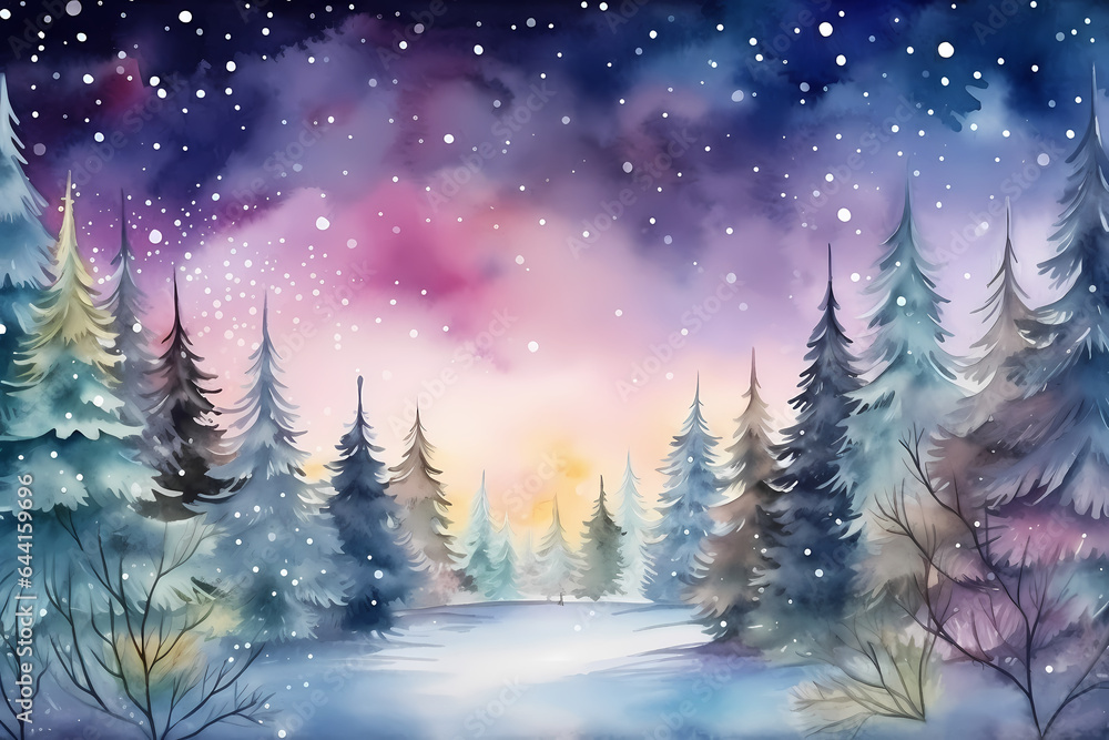 Magical glowing forest with Christmas trees under snow. Watercolor illustration.