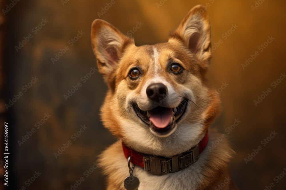 Medium shot portrait photography of a smiling norwegian lundehund wearing a denim vest against a gold background. With generative AI technology - obrazy, fototapety, plakaty 