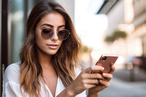 shot of a woman holding her cellphone while wearing trendy glasses