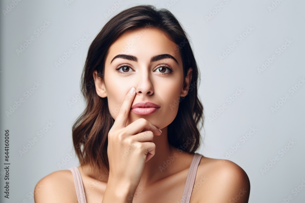 shot of a beautiful young woman holding her finger against her lips in a studio shot of a beautiful young woman holding her finger against her lips in a studio