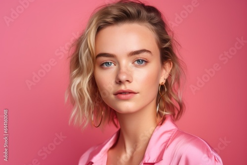 studio portrait of a beautiful young woman against a bright pink background © altitudevisual