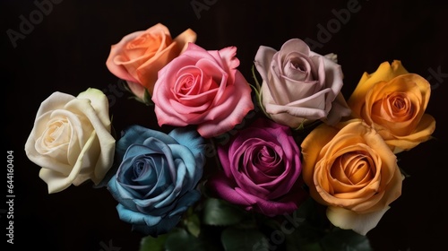 Beautiful multicolored roses with water drops on dark background  closeup. Mother s day concept with a space for a text. Valentine day concept with a copy space.