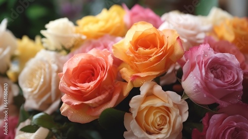 Bouquet of colorful roses in a flower shop. Soft focus. Mother s day concept with a space for a text. Valentine day concept with a copy space.