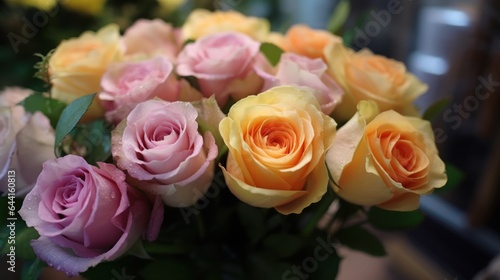 Bouquet of pink and yellow roses in a vase. Mother s day concept with a space for a text. Valentine day concept with a copy space.