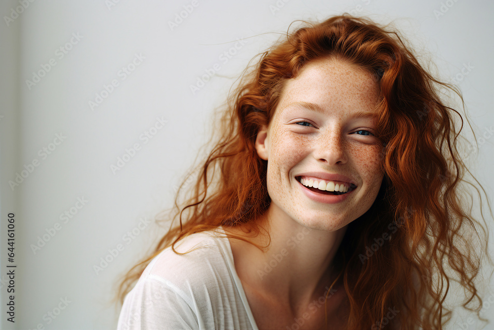 Fototapeta premium Young attractive woman isolated over background nice hair curls Generative AI technology