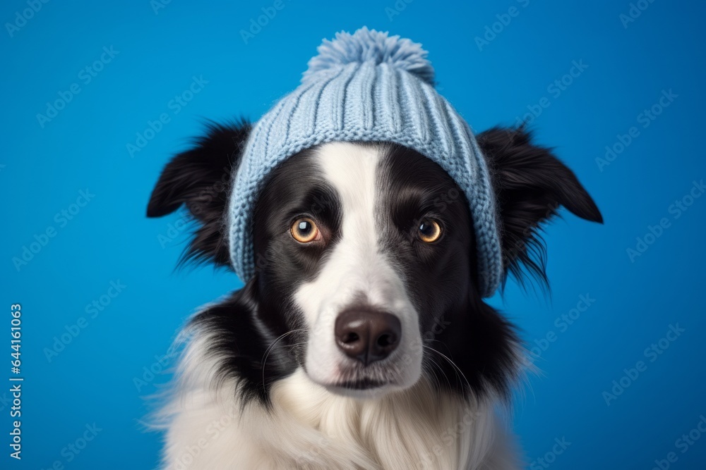 Lifestyle portrait photography of a cute border collie wearing a knit cap against a periwinkle blue background. With generative AI technology