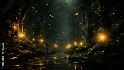 Dark green forest with many yellow fireflies generative ai © LomaPari2021
