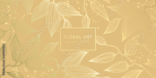 Luxury floral gold abstract background with hand drawn flowers. Vector design template for postcard, wall poster, business card, flyer, banner, wedding invitation, print, cover, wallpaper