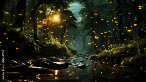 Dark green forest with many yellow fireflies generative ai
