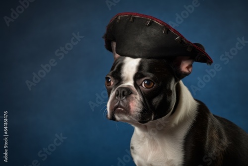 Photography in the style of pensive portraiture of a smiling boston terrier wearing a pirate hat against a minimalist or empty room background. With generative AI technology photo