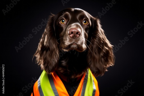 Close-up portrait photography of a smiling cocker spaniel wearing a reflective vest against a minimalist or empty room background. With generative AI technology © Markus Schröder