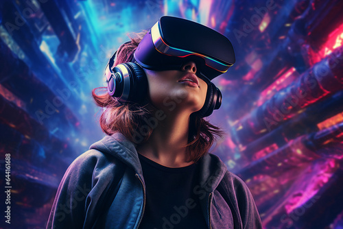 Excited woman wearing vr headset user watching surreal colorful fantasy world made with generative AI