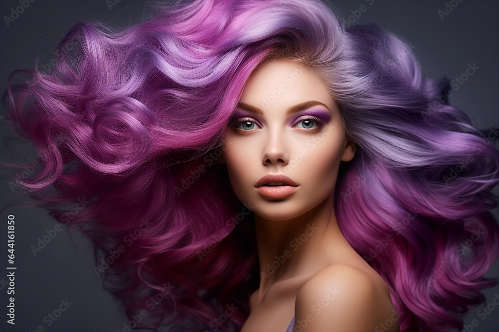 Generative AI portrait of natural beauty woman model showing flattering bright violet dyed hairstyle Generative AI portrait of natural beauty woman model showing flattering bright violet dyed hairstyle