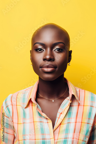 Young attractive african american woman with shaved head against pastel yellow background