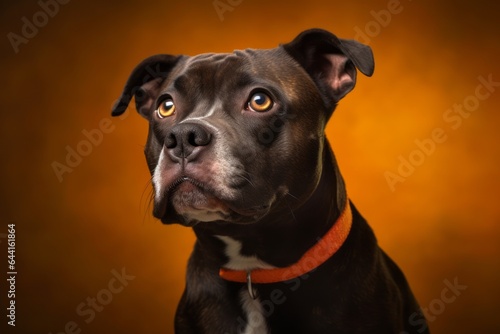 Close-up portrait photography of a cute staffordshire bull terrier wearing a halloween costume against a minimalist or empty room background. With generative AI technology © Markus Schröder